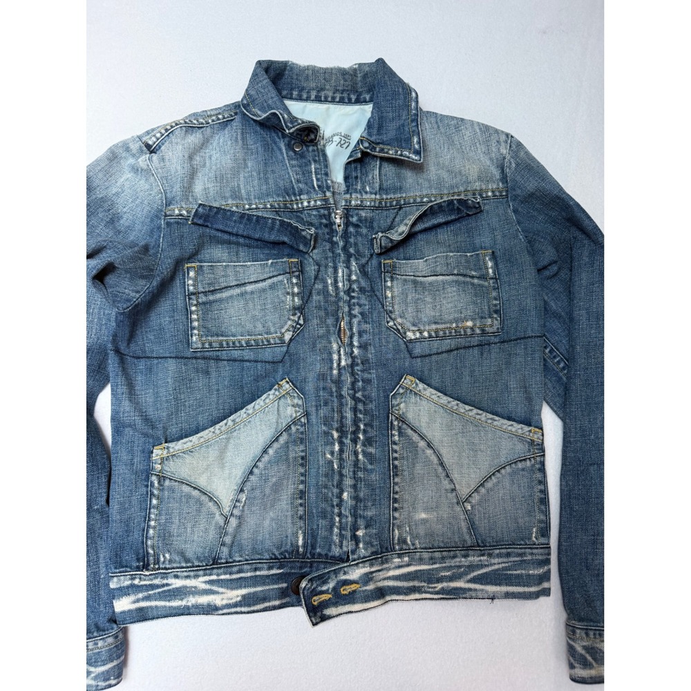 Take Two Mens Distressed Denim Jacket Blue Zip Front Utility Pockets Faded L